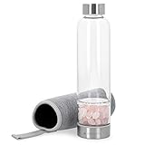 Navaris Wasserflasche mit Mineralstein und Neoprenhülle 420ml - Edelsteine Trinkflasche mit Hülle - Kristall Flasche Glasflasche Wasser