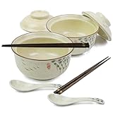 2 PCs Ramen Schüssel Set Japanische Ramen Bowl Schüssel mit Deckel Vintage Keramik Instant Suppenschalen Asiatisch Geschirr Löffel und Essstäbchen - 800ml, Zweige