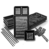Goliber Japanisches Sushi Geschirr Schwarz Set (16pcs) - Sushi Seschirr Set 4 - Enthält 4 Schwarzes Geschirr, 4 Soßenschälchen, 4 Essstäbchen und 4 Essstäbchen Ablage - Asiatisches Geschirr Set