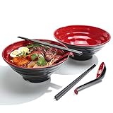 Ramen Schüssel Set, Füllmenge 1032 ml Japanische Suppe Schüssel mit Löffel und Essstäbchen, für Pasta Udon Asiatische Nudeln, Rot Schwarz Gemischt (2PCS)