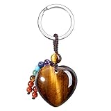 CrystalTears Herz Schlüsselanhänger Edelstein Herz Anhänger mit 7 Chakra Quaste Ornament Keychain Reiki Healing Schmuck Geschenk für Liebhaber/Tigeraugen