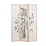 Homestyle4u 311, Paravent Raumteiler 3 teilig, Holz Natur, Reispapier Weiß Motiv Bambus, Höhe 179 cm