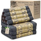 livasia Thaikissen 3 Auflagen Thaiseide - 175x55x8cm - Dreieckskissen mit Klappmatratze, Rückenkissen faltbar, Thaimatte zum Klappen, Kapok handgefertigt, Meditationskissen (Grau/Elefanten Seide)