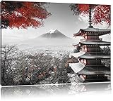 Pixxprint Japanischer Tempel im Herbst Schwarz/Weiß, Format: 120x80 auf Leinwand